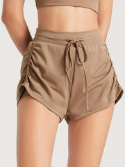 Solid Drawstring Sports Shorts Side Pleated Yoga Fitness Shorts