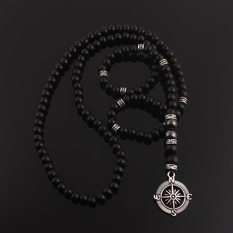 Vintage Natural Stone Beaded Necklace with Compass Pendant for Men