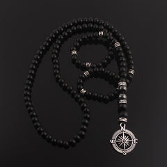 Vintage Natural Stone Beaded Necklace with Compass Pendant for Men