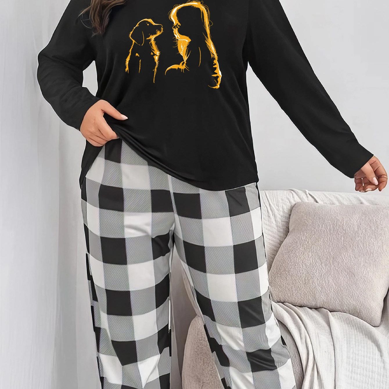 Puppy & Figure Print Long Sleeve Tee & Plaid Pants Set
