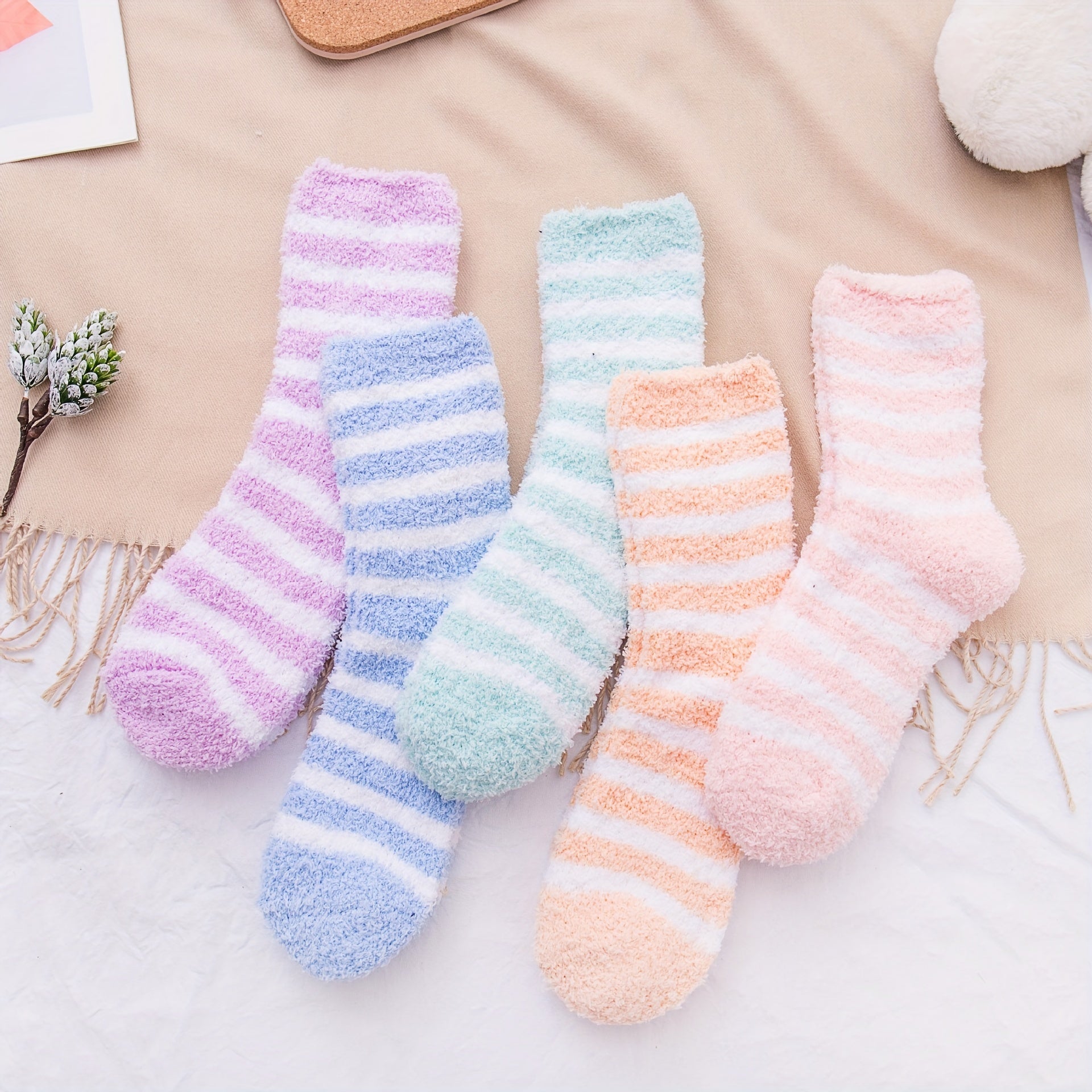 2 Pairs Striped Fuzzy Socks Warm & Soft Home Floor Socks Women's Stockings