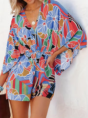 Floral Print Romper Jumpsuit Batwing Sleeve