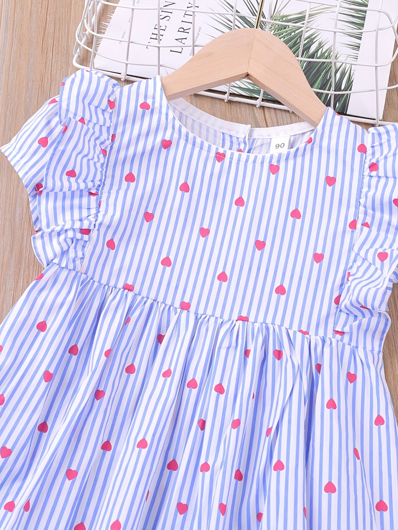 Toddler Girls Puff Sleeve Ruffle Trim Stripe Heart Graphic Princess Dress