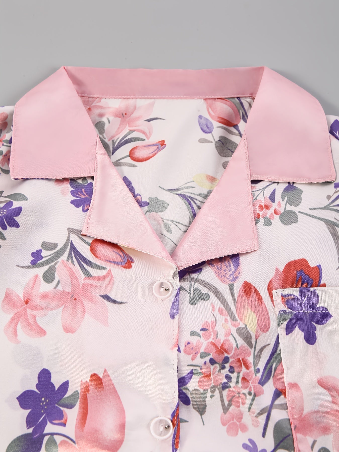 Floral Satin Pajama Set Long Sleeve Top & Pants Women's Sleepwear