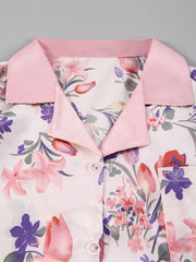 Floral Satin Pajama Set Long Sleeve Top & Pants Women's Sleepwear