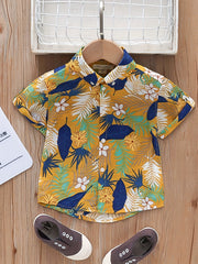 Boys Flower And Leaf Short Sleeves Button Down Shirt Tops