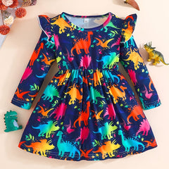 Girls' Tie Dye Dinosaur Allover Print Ruffle Long Sleeve Casual Dress