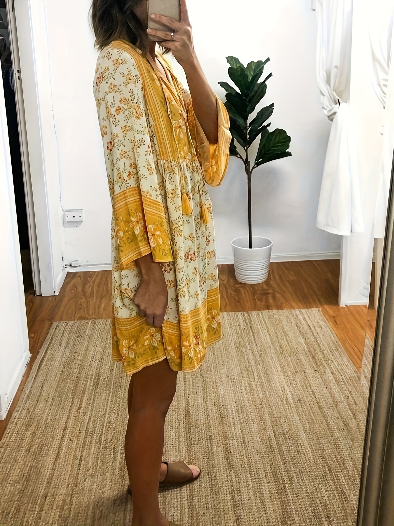 Floral Print Drawstring Dress Vintage V Neck Ruffle Trim Midi Dress