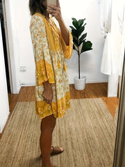 Floral Print Drawstring Dress Vintage V Neck Ruffle Trim Midi Dress