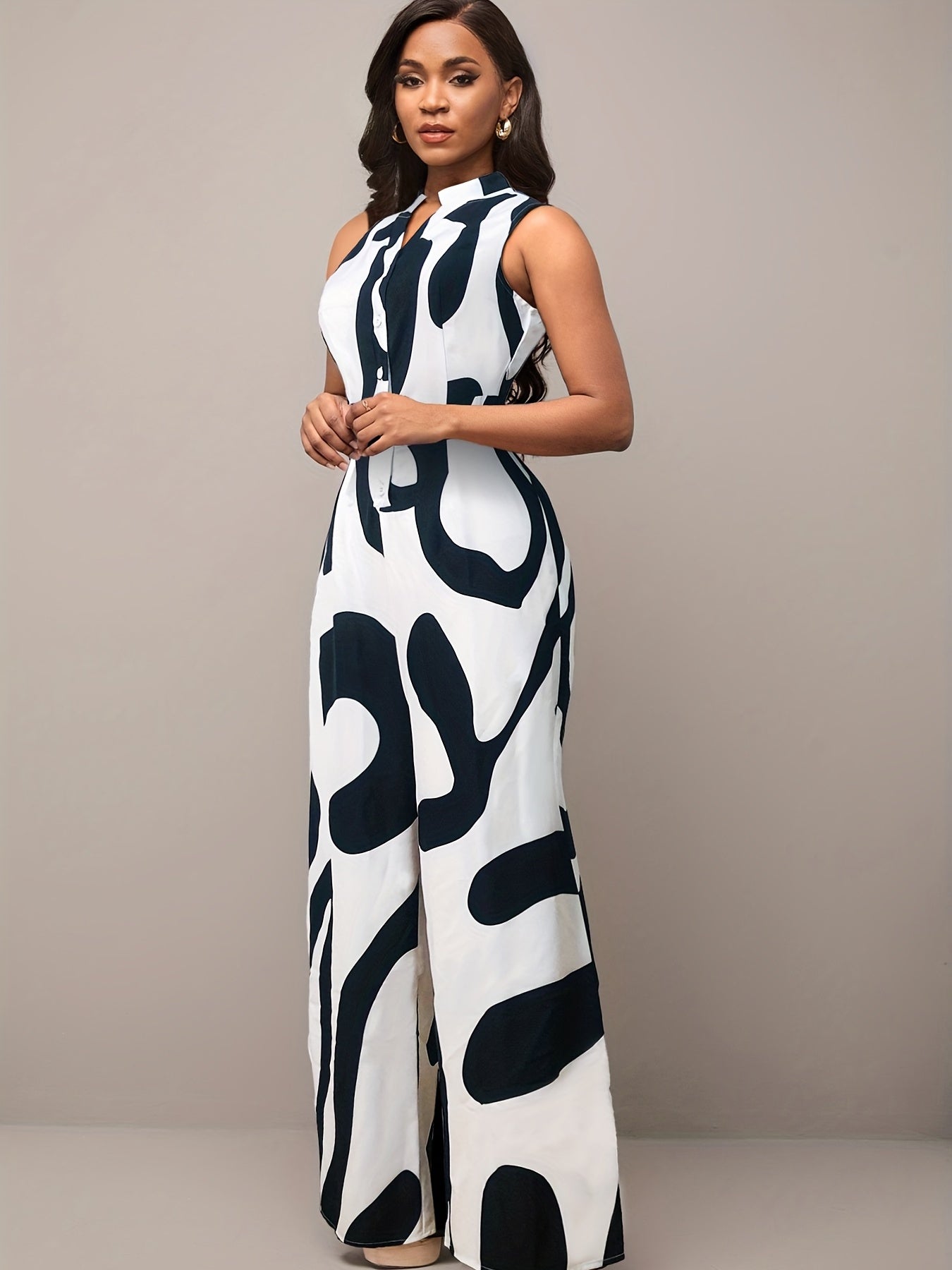 Abstract Print Button Front Jumpsuit Sleeveless Wide Leg Jumpsuit