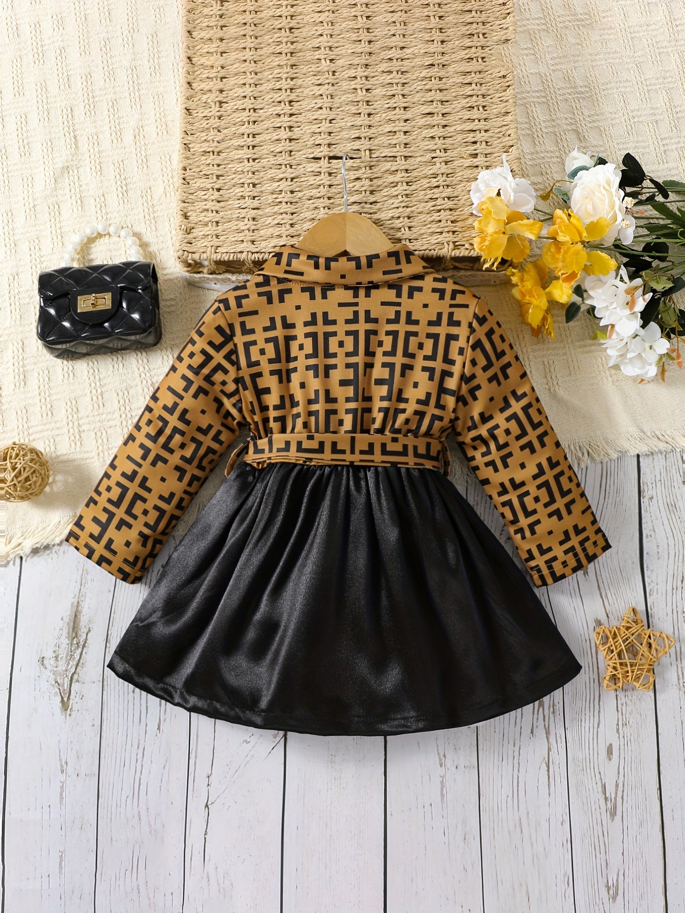 Girls Long Sleeve Pattern Print Contrast Dress With Bow Front