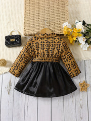 Girls Long Sleeve Pattern Print Contrast Dress With Bow Front