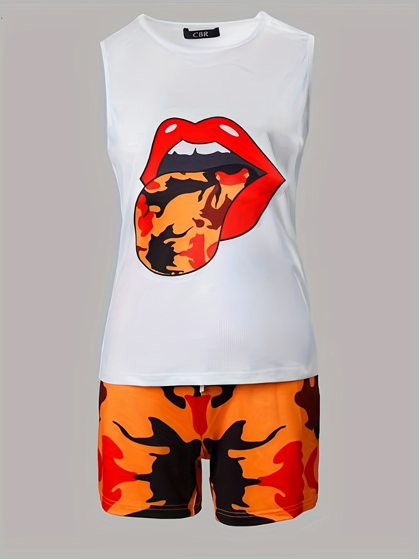 Lips Print Tank Top & Abstract Print Slim Shorts Set