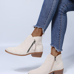 Women's Stacked Heel Ankle Boots Side Zipper Pointed Toe Solid Short Boots
