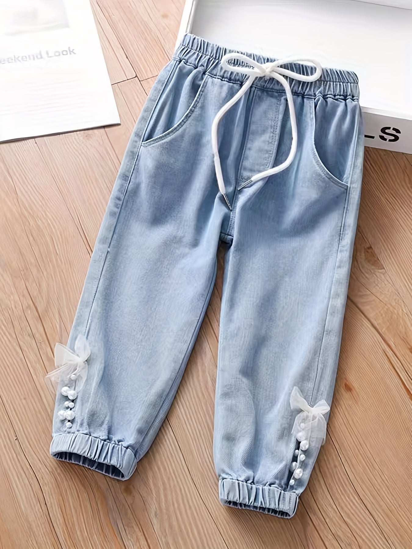 Girls' Lace Bow Beaded Casual Jeans For Street Kids