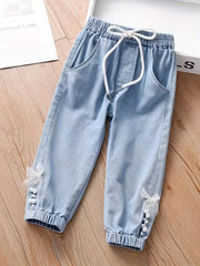 Girls' Lace Bow Beaded Casual Jeans For Street Kids