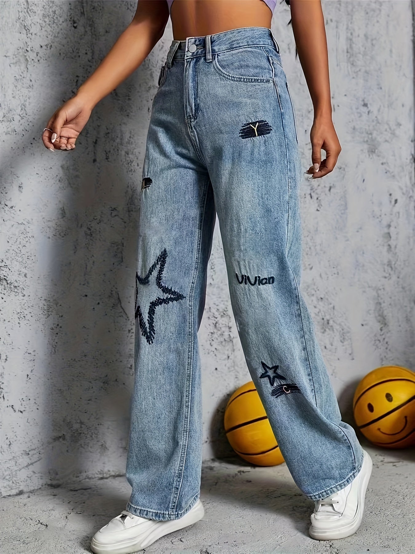 Star Letter Embroidery High Rise Straight Jeans