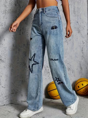 Star Letter Embroidery High Rise Straight Jeans