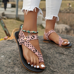Leopard Print Toe loop Outdoor Sandals Slip On Beach Flat Sandals