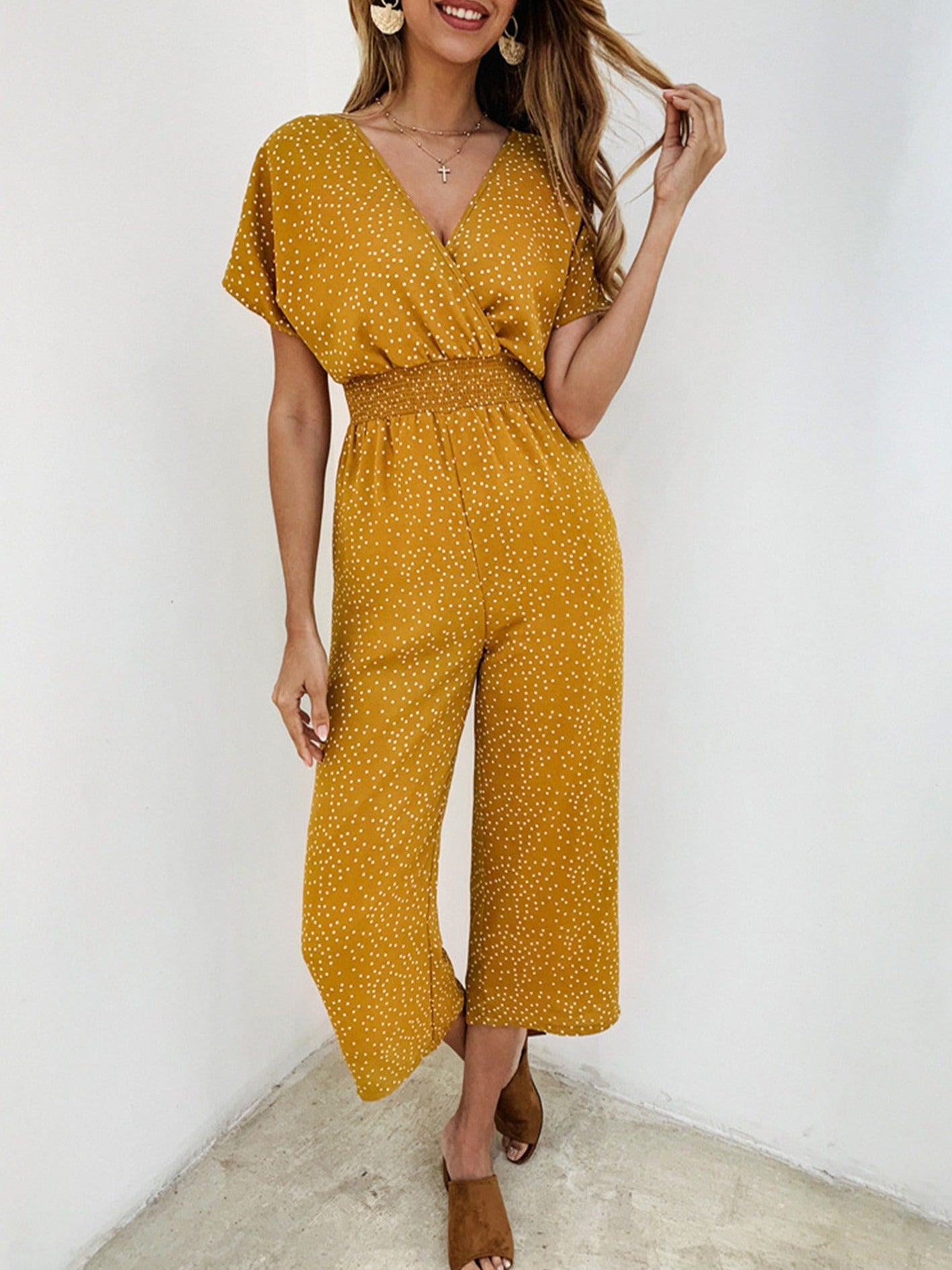 Polka Dot Jumpsuit Short Sleeve V Neck Wide Leg