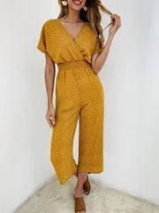 Polka Dot Jumpsuit Short Sleeve V Neck Wide Leg