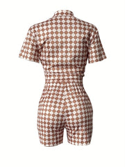 Plaid Two Piece Set Open Front Shirt & Shorts Outfits