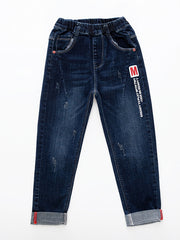 Boys Casual Letter Print Denim Long Pants With Pocket