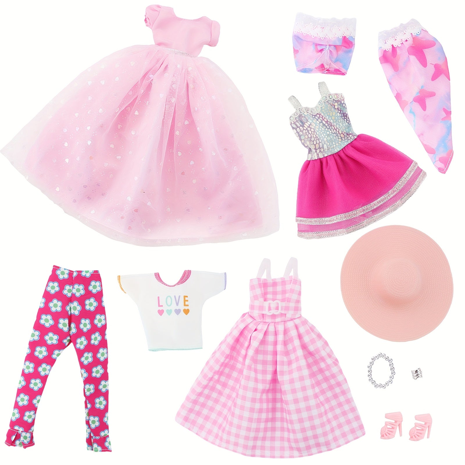 5pc 11.5in Girl Doll Clothes Set: Princess Dresses, Skirts, Outfits, Swimsuits