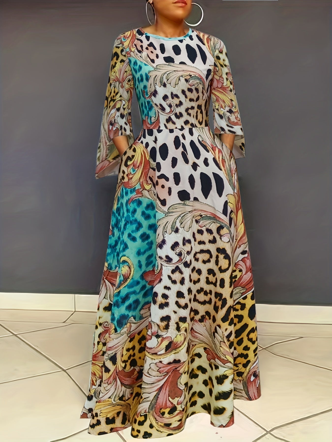 Leopard Print Splicing Dress Boho Maxi Dress With Pockets