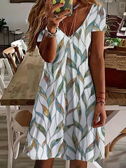 Leaf Print V Neck Casual Dress Plus Size Women