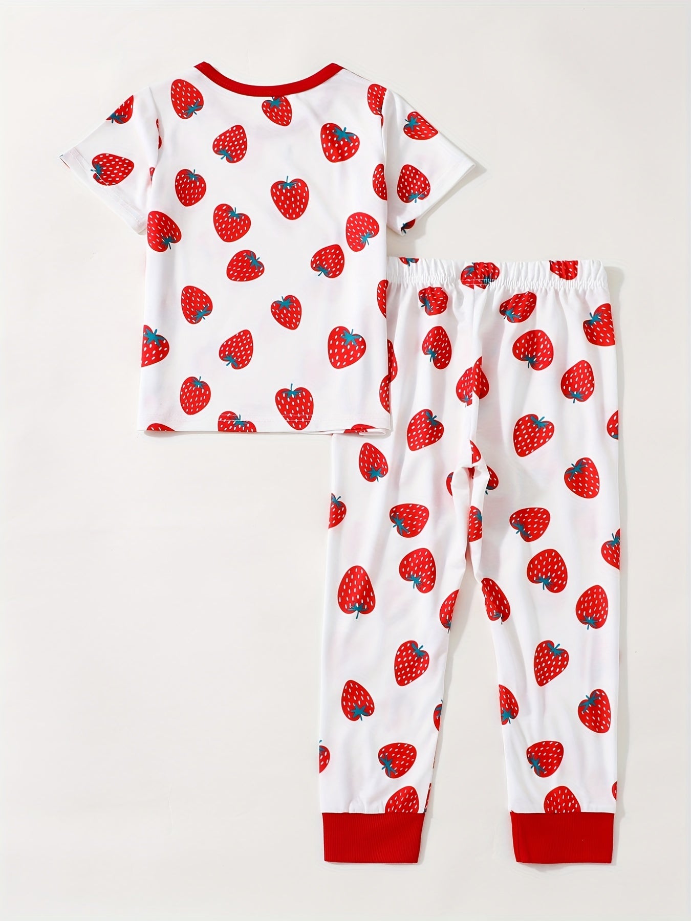 2pcs Strawberry Pattern Kid's Pajamas Set Comfy Casual PJ Set Girl's Loungewear
