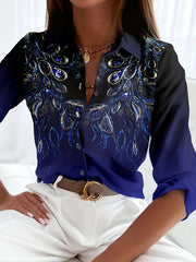 Peacock Print Ombre Button Up Long Sleeve Lapel Collar Shirt Top