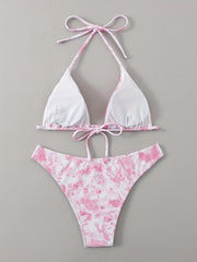 Tie Dye Triangle Bikini Set Halter V Neck Backless High Cut Two Piece Swimsuit