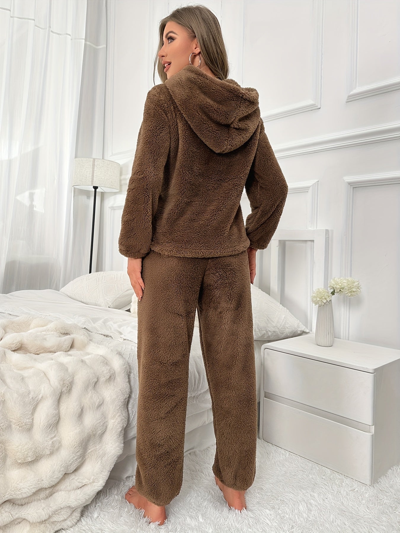 Letter Print Pajama Set Hooded Top & Pants Women's Sleepwear