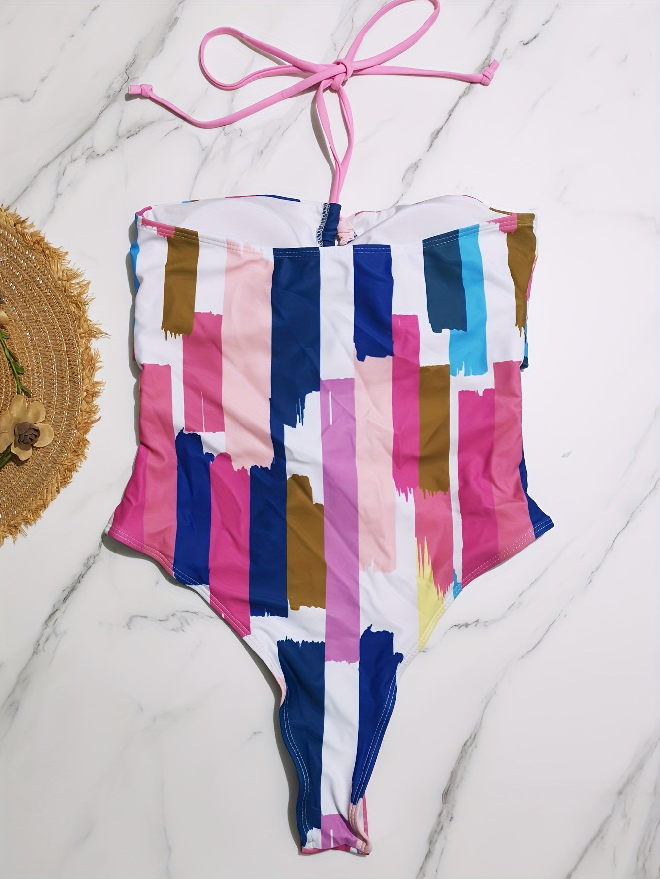 Graffiti Stripe Print Drawstring Halter Neck One Piece Swimsuit