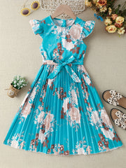 Girls' Boho Floral Pleated Casual Dress Fly Sleeve