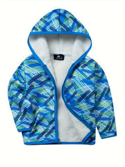 Boys Thick Hooded Sweatshirt Coat Kids Print Zip Up Outdoor Casual Warm Jacket