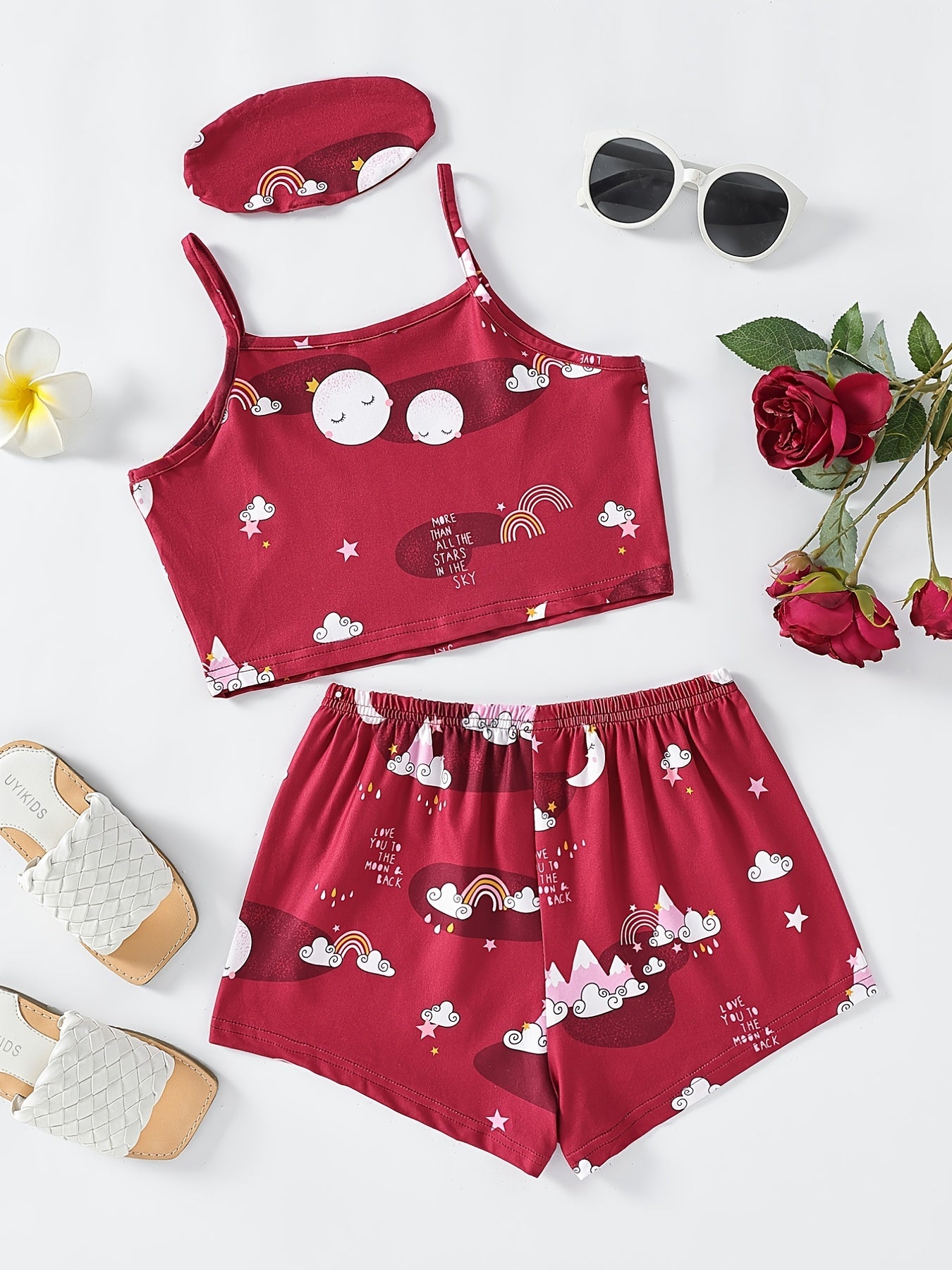 Girls Rainbow Moon Pajamas Set with Cami Top & Shorts