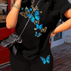 Butterfly Print Two Piece Summer Outfit Short Sleeve T Shirt & Shorts