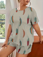 Feather Print Casual Loungewear Set Plus Size Tee & Shorts Pajama Two Piece