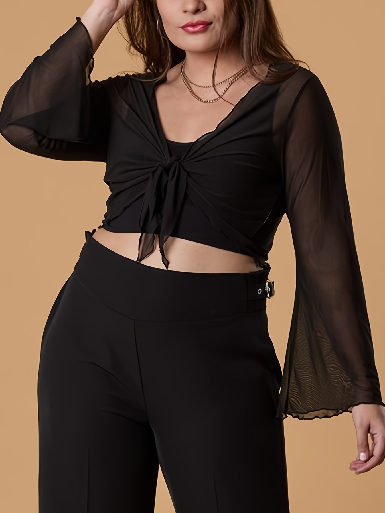 Solid Mesh Knot Front Bell Sleeve Cardigan Plus Size Semi-Sheer Top
