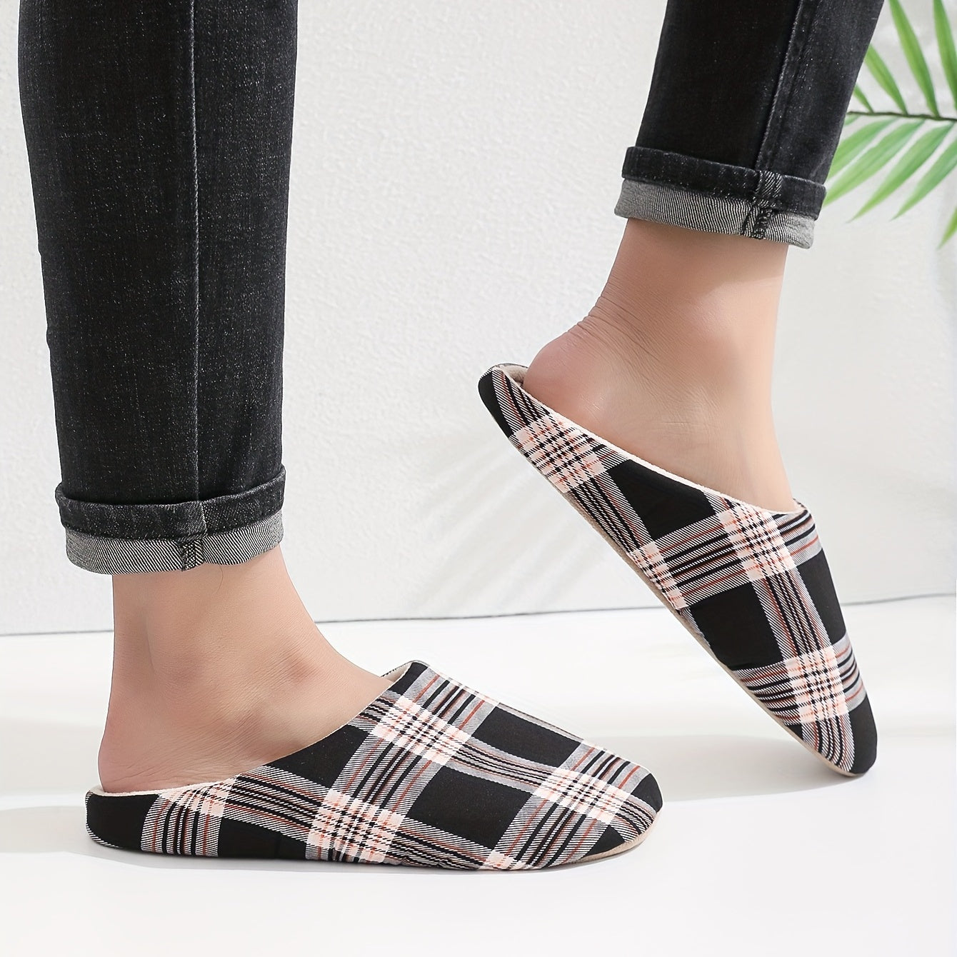 Plaid Memory Foam Home Slippers Couple Style Men's House Casual Shoes