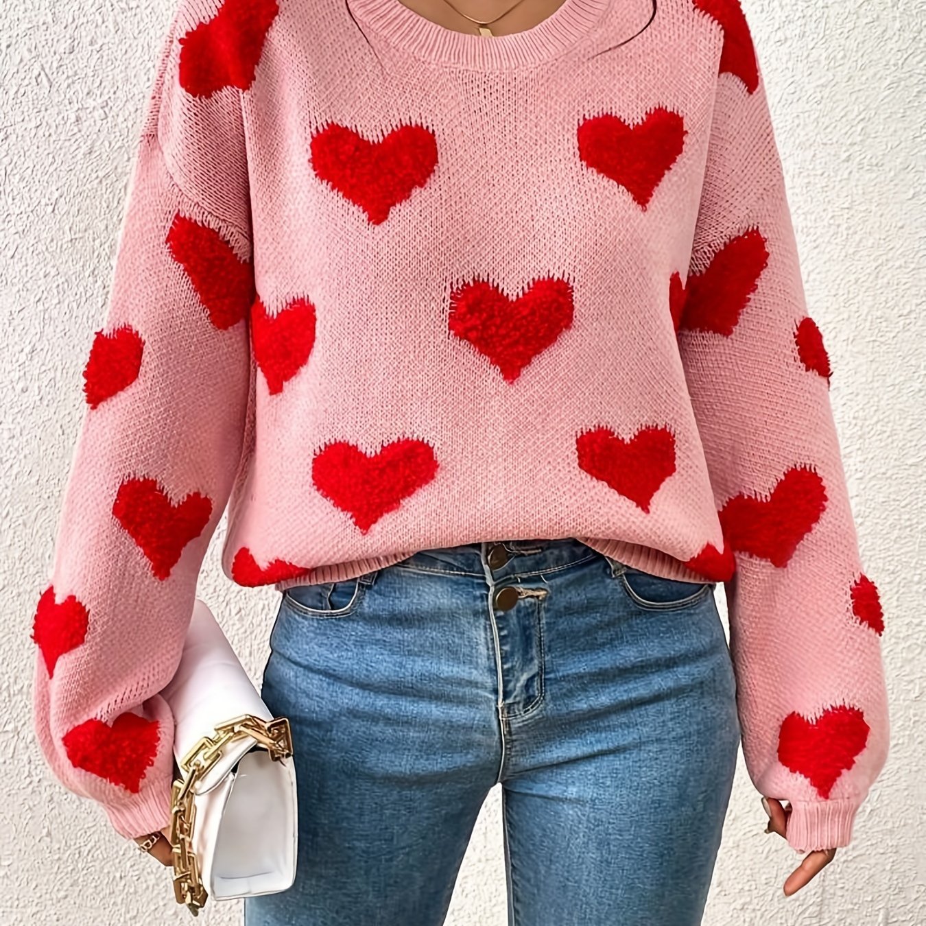 Heart Pattern Crew Neck Pullover Sweater Women's Clothing