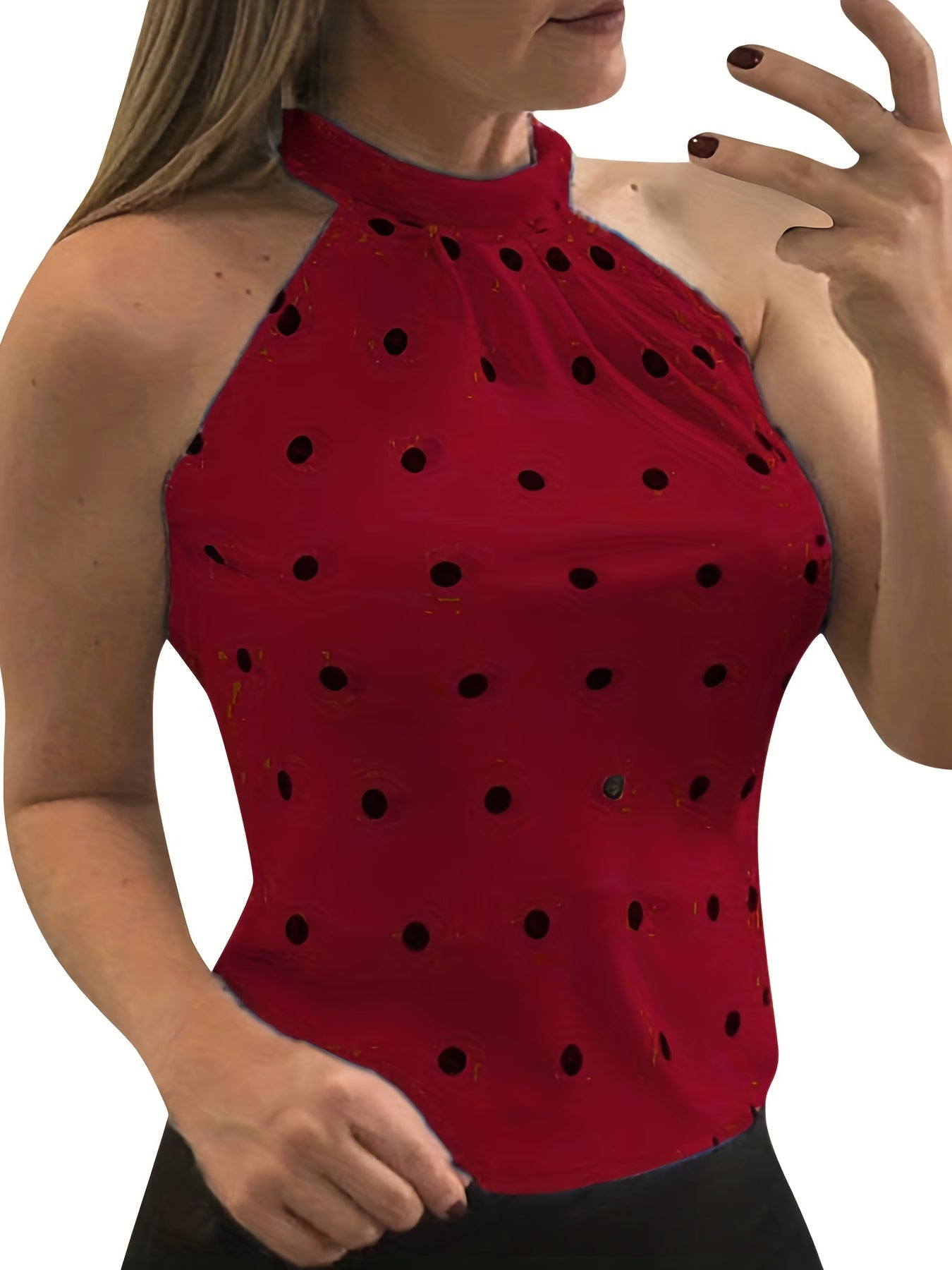 Polka Dot High Collar Top Sleeveless Summer Keyhole Top