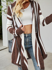 Striped Open Front Hooded Cardigan for Fall & Winter