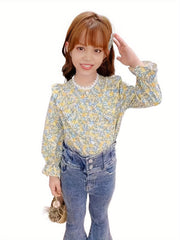 Girls Floral Print Long Sleeve Lace Collar Blouse Shirt