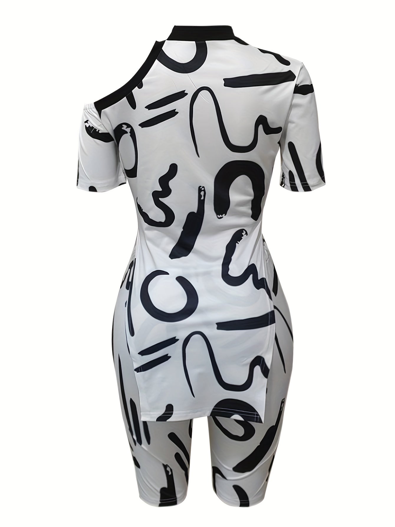 Abstract Print Two Piece Set Cold Shoulder Tee & Slim Shorts