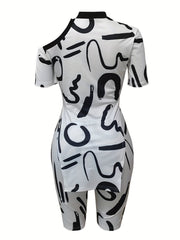 Abstract Print Two Piece Set Cold Shoulder Tee & Slim Shorts
