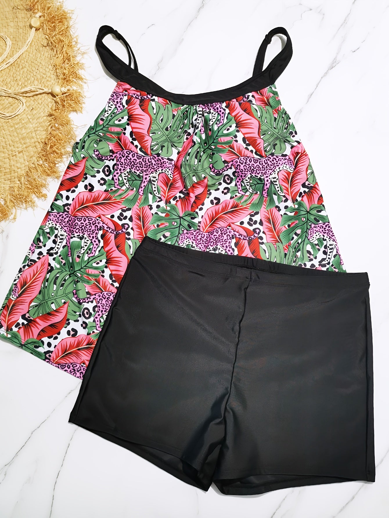 Vacay Tankini Set Leopard & Tropical Print Cami Top & Shorts Swimsuit