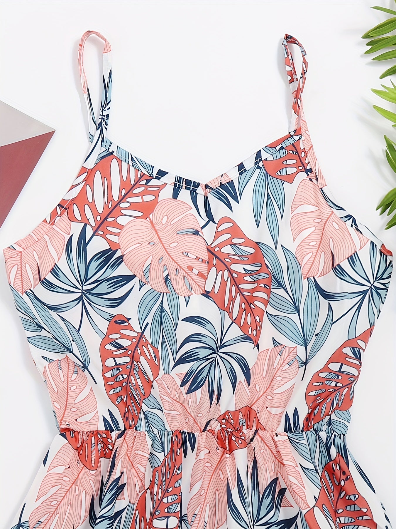 Girls Tropical Leaves V-neck Cami Dress for Party Holiday